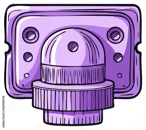 Purple cartoon illustration of mechanical device with buttons and controls