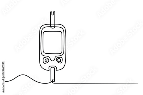 Minimalist continuous line drawing of a modern digital glucose meter with blood test strip for diabetes monitoring and healthcare concept