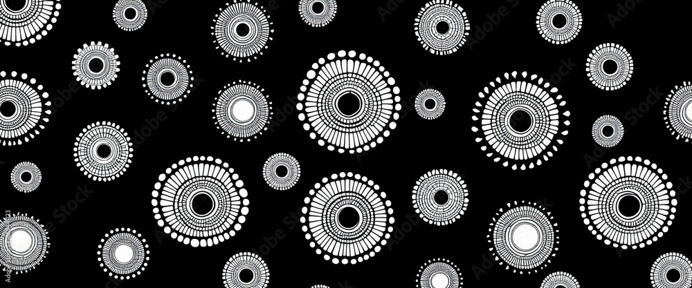 Seamless abstract barnacle pattern; concentric circles, woodcut texture, white stripes, black background, doodle line art, sunburst, geometric, coral motif, shapes, geometric Seamless abstract barnacle pattern; concentric circles, woodcut texture, white stripes, black background, doodle line art, sunburst, geometric, coral motif, shapes, geometric