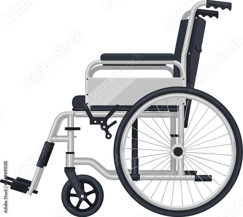 Illustration of a modern wheelchair with metal frame and black seat