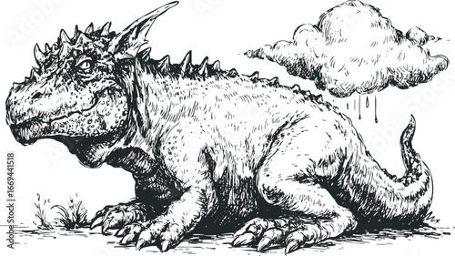 Detailed Sketch of a Mythical Creature with Spikes and a Cloud Above