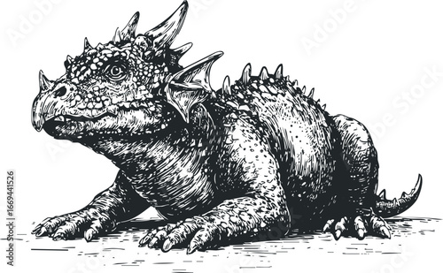 Detailed Black and White Drawing of a Spiky Reptilian Creature with Sharp Claws