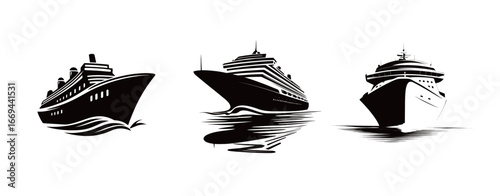 Three distinct cruise ship designs are displayed in silhouette form against a plain white backdrop, illustrating various styles and features commonly seen in maritime vessels.