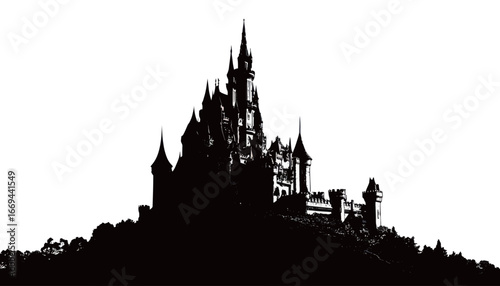 A striking silhouette of a grand castle stands atop a hillside, its towers and spires reaching towards the sky. The bright background enhances the castle's details and grandeur.