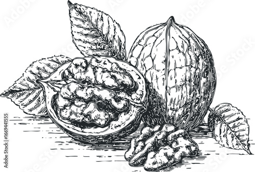 Hand drawn sketch of walnuts and leaves on a wooden surface