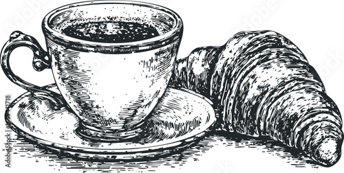 Hand drawn coffee cup with croissant and saucer