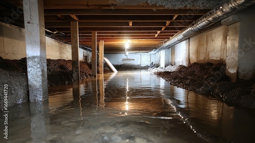 Flooded Crawl Space Interior With Standing Water Moisture Damage Repair Needed