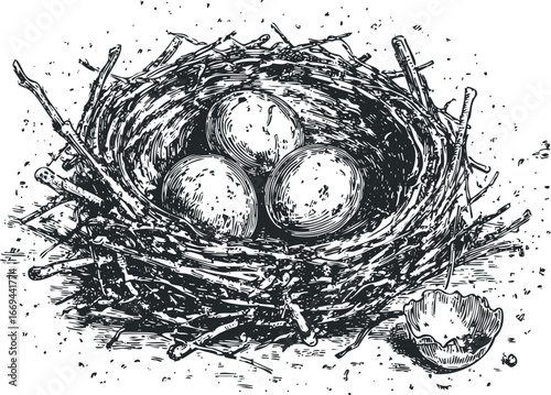 Detailed etching of three bird eggs nestled in a twig nest with a broken eggshell