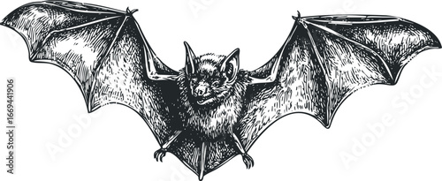 Detailed sketch of a bat with outstretched wings on a white background