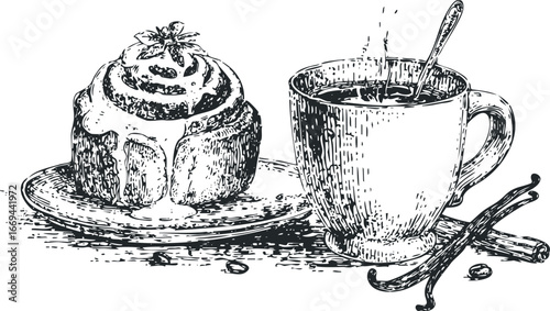Hand Drawn Cinnamon Roll with Coffee and Vanilla Beans