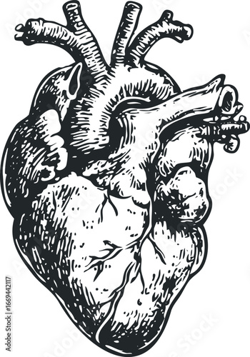 Black and White Engraved Human Heart Anatomy Illustration