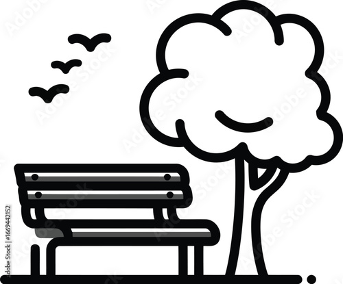 Illustration of a park bench under a tree with birds flying