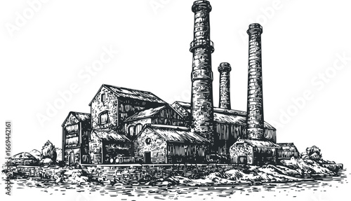 Hand-drawn sketch of an old industrial factory building with tall chimneys