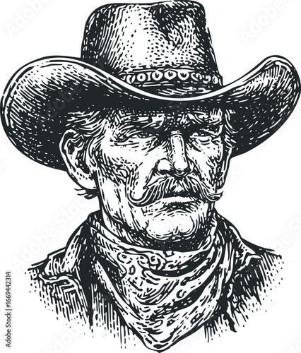 Black and White Woodcut Portrait of a Determined Cowboy with Bandana and Hat