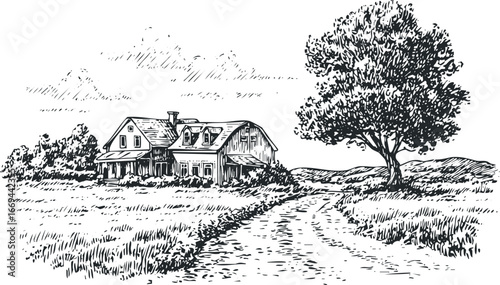 Rural Landscape Sketch of a Farmhouse with a Large Tree