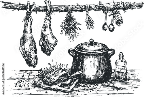 Hand-drawn sketch of hanging cured meats and herbs beside a cooking pot and bottled liquid