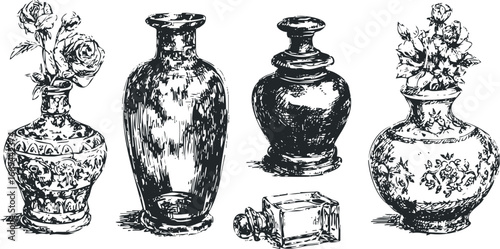 Group of antique ornate vases and glass perfume bottle