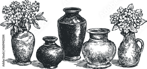 Vase still life with flowers in sketch style