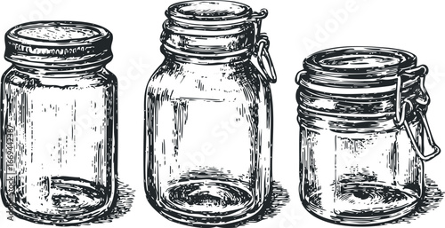 Vintage glass jars sketch with metal clasps for preservation and storage