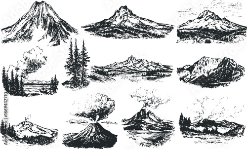 Collection of Hand Drawn Volcano and Mountain Landscapes