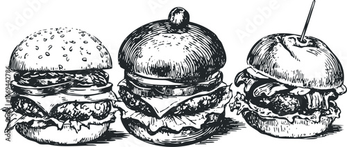Three distinct hand-drawn burgers with various toppings and textures