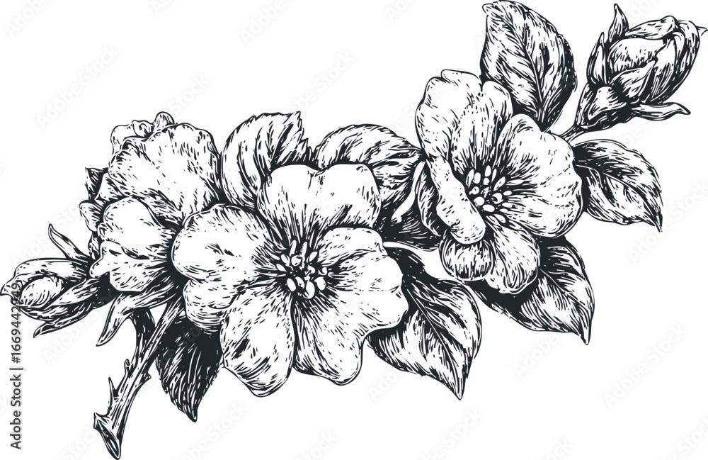 custom made wallpaper toronto digitalDetailed black and white ink sketch of blooming apple blossoms and leaves