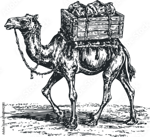 Vintage Style Drawing of a Camel Carrying Cargo Through a Desert Landscape