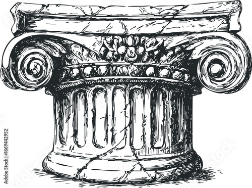 Antique Ionic Capital Column With Volutes and Acanthus Leaves