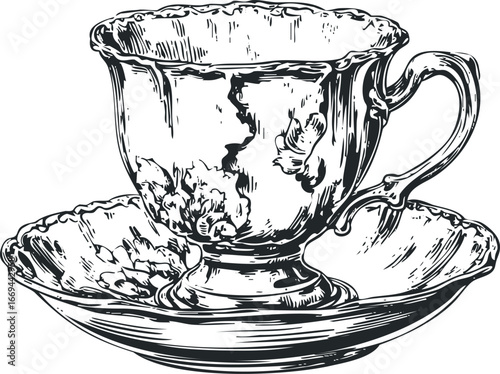 Ornate Porcelain Teacup and Saucer with Floral Embossing