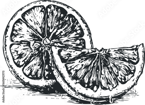 Detailed ink sketch of a citrus fruit slice and wedge
