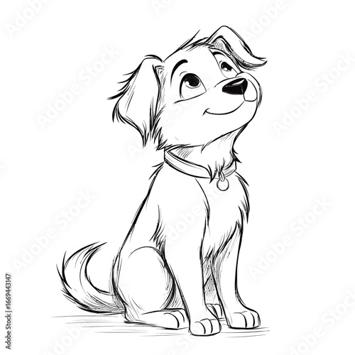 A cheerful cartoon dog sits happily with a playful attitude. Its fluffy fur and bright eyes convey a sense of joy. This adorable character is perfect for children's stories or artwork.