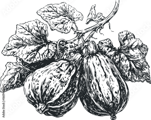 Hand drawn vine with gourds and leaves in black and white