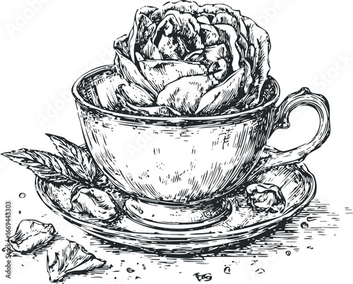 Detailed sketch of a rose blooming inside a vintage teacup with saucer and leaves