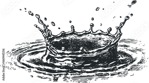 Dynamic black ink splash with water droplets and ripple effect