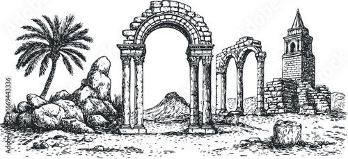 Ancient stone ruins with palm tree and tower on hilly terrain