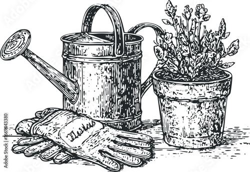 Black and white sketch of gardening tools including watering can gloves and potted plant
