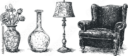 Vintage armchair with floral lamp and roses in vase still life sketch