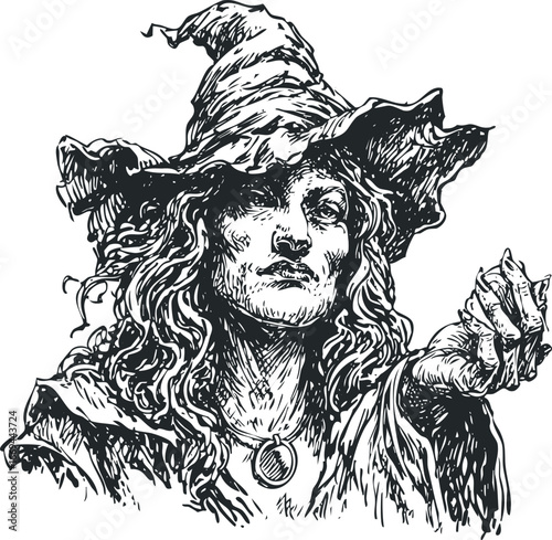 Mysterious woman in pointed hat and robes casting a spell