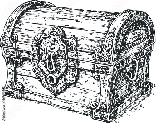 Detailed Hand Drawn Antique Treasure Chest with Ornate Metal Clasp