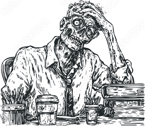 Skeleton struggling with desk work, holding head in hands surrounded by books and coffee