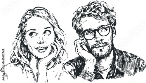 Sketch of a young woman and man with expressive faces and a thoughtful pose