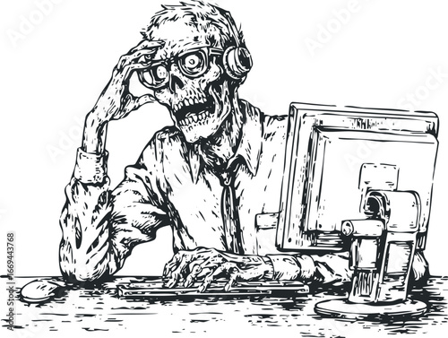 Skeleton wearing headphones and glasses works on a computer at a desk