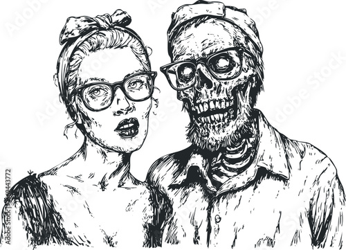 Sketch of woman with glasses and skeleton companion with glasses