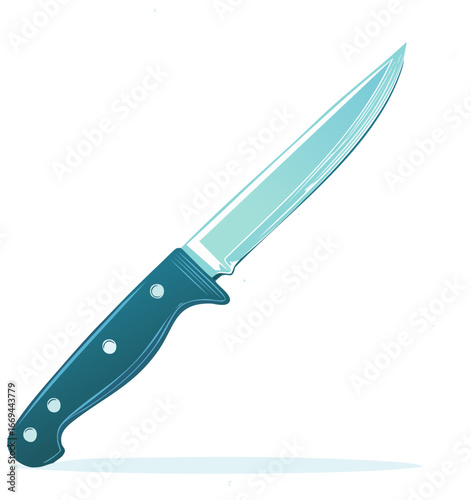 Stylized Vector Image of a Sharp Kitchen Knife with a Dark Blue Handle