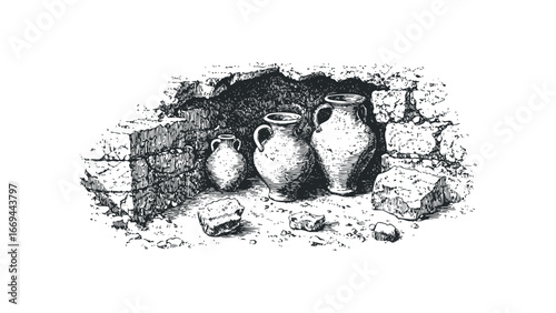 Ancient earthenware pottery vessels stored within a rough stone alcove. Vector hand drawn illustration