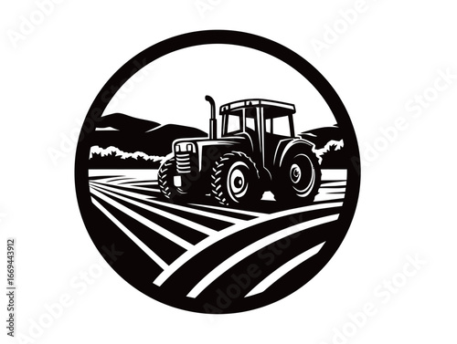 A tractor is plowing a farm field with neatly arranged rows of soil. The background features rolling mountains under a clear sky. Daylight enhances the rural landscape.