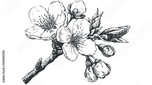 Hand-drawn sketch of blooming cherry blossom branch with buds. Vector hand drawn illustration