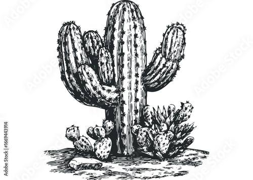 Detailed ink sketch of a saguaro cactus with prickly pear plants. Vector hand drawn illustration
