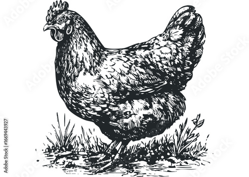 Black and White Sketch of a Hen Standing in Grassy Field. Vector hand drawn illustration