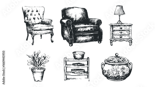 Collection of Vintage Furniture and Household Items in Sketch Style. Vector hand drawn illustration